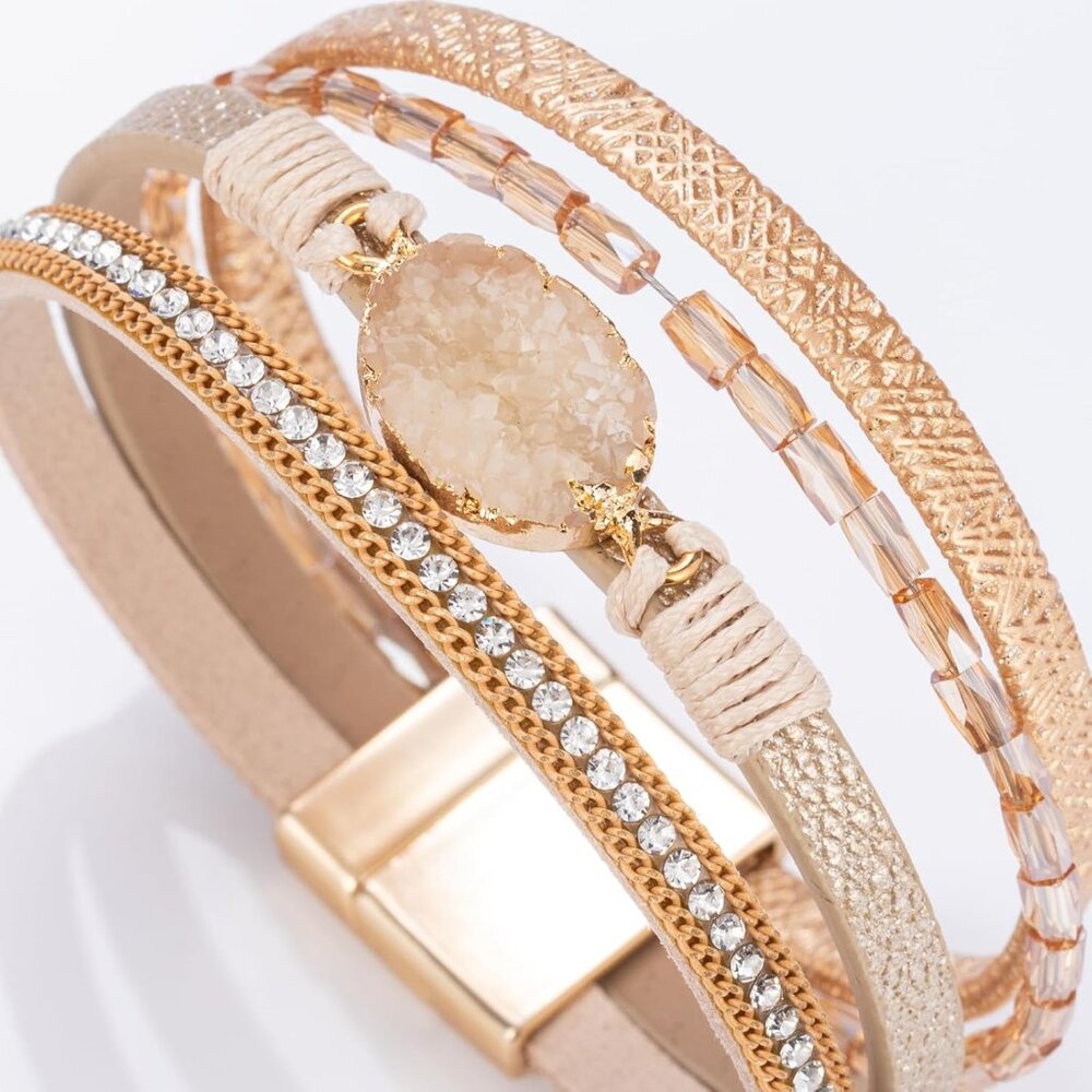 Boho Leather Wrap Bracelet Stackable Chunky Cryst… - image 4